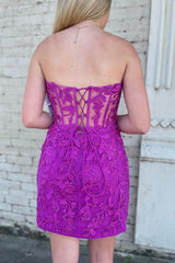 Lace Appliques Strapless Lace-Up Sleeveless Mini Homecoming Dress