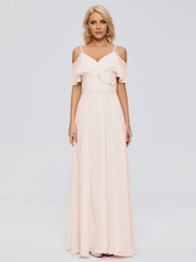 Thin shoulder strap ruffled chiffon and floor length bridesmaid dress