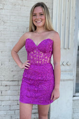 Lace Appliques Strapless Lace-Up Sleeveless Mini Homecoming Dress