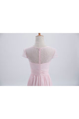 Prinses Pink Chiffon en Lace Short Sheeves Bruidsmeisje jurk