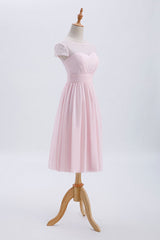 Prinses Pink Chiffon en Lace Short Sheeves Bruidsmeisje jurk