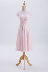 Prinses Pink Chiffon en Lace Short Sheeves Bruidsmeisje jurk
