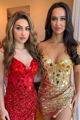 Red Mirror-Cut Sequins Straps V Neck Homecoming Dress