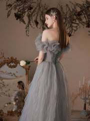 Gray tulle off shoulder long prom dress, gray tulle evening dress