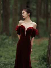 Wine Red Off Shoulder Velvet Mermaid Wedding Party Dress, Wine Red Long Prom Dress