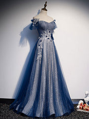 Blue tulle lace long prom dress, blue tulle lace bridesmaid dress