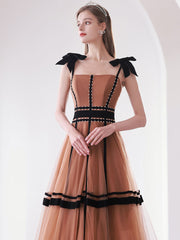 Elegant caramel color tulle long prom dress, tulle evening dress