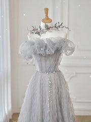 Gray tulle off shoulder long prom dress, gray evening dress