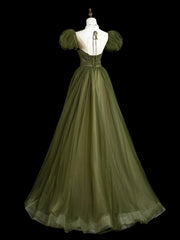 A-Line  Puff Sleeves Tulle Sequin Green Long Prom Dress, Green Long Evening Dress