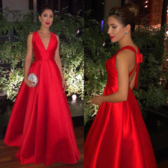 A Line V Neck Red Long Prom Dress with Cross Back, Floor Length Red V Neck Evening Dresses Graduation Dresses