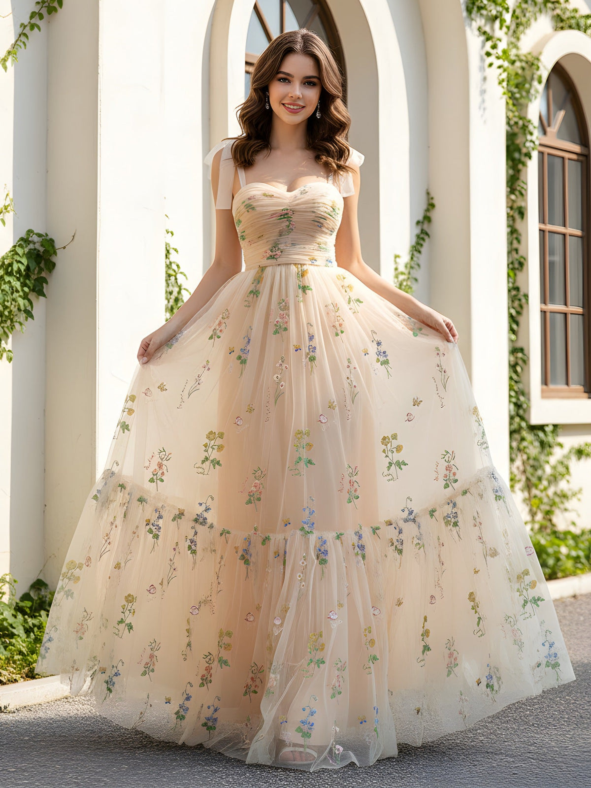 Pleated Sweetheart Neck Applique A-Line Tulle Dress Champagne