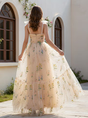 Pleated Sweetheart Neck Applique A-Line Tulle Dress Champagne