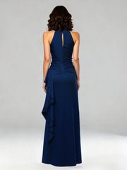 Halter Neck Maxi Gown with Waterfall Ruffle Detail Dark Navy