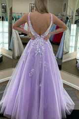 Spaghetti Straps A Line Lilac Sparkly Prom Dress with Appliques Open Back