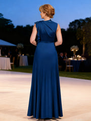 Chic Ruffled Neckline Gown Elegant Evening Attire Dark Navy