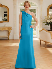 Tight fit/straight leg one shoulder sleeveless satin bow mother of the bride dress