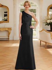 Tight fit/straight leg one shoulder sleeveless satin bow mother of the bride dress