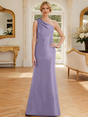 Tight fit/straight leg one shoulder sleeveless satin bow mother of the bride dress