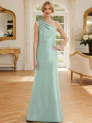 Tight fit/straight leg one shoulder sleeveless satin bow mother of the bride dress