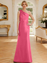 Tight fit/straight leg one shoulder sleeveless satin bow mother of the bride dress