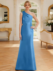 Tight fit/straight leg one shoulder sleeveless satin bow mother of the bride dress