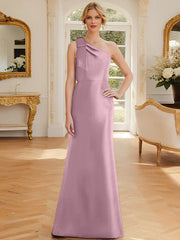 Tight fit/straight leg one shoulder sleeveless satin bow mother of the bride dress