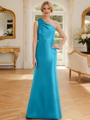 Tight fit/straight leg one shoulder sleeveless satin bow mother of the bride dress