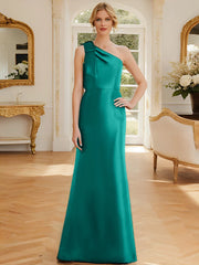 Tight fit/straight leg one shoulder sleeveless satin bow mother of the bride dress