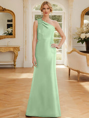 Tight fit/straight leg one shoulder sleeveless satin bow mother of the bride dress