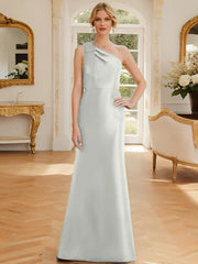 Tight fit/straight leg one shoulder sleeveless satin bow mother of the bride dress