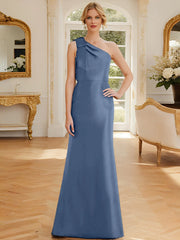 Tight fit/straight leg one shoulder sleeveless satin bow mother of the bride dress