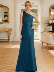 Tight fit/straight leg one shoulder sleeveless satin bow mother of the bride dress