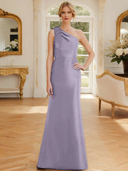Tight fit/straight leg one shoulder sleeveless satin bow mother of the bride dress
