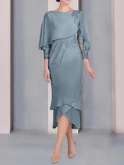 Applique lace sheath/cylindrical spoon short sleeved tea long mother of the bride dress