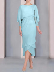 Applique lace sheath/cylindrical spoon short sleeved tea long mother of the bride dress