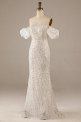 Mermaid Off The Shoulder Sweep Train Wedding Dress with Sequins Sparkly Prom Dresses