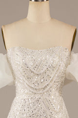 Mermaid Off The Shoulder Sweep Train Wedding Dress with Sequins Sparkly Prom Dresses
