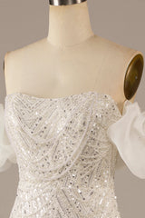 Mermaid Off The Shoulder Sweep Train Wedding Dress with Sequins Sparkly Prom Dresses