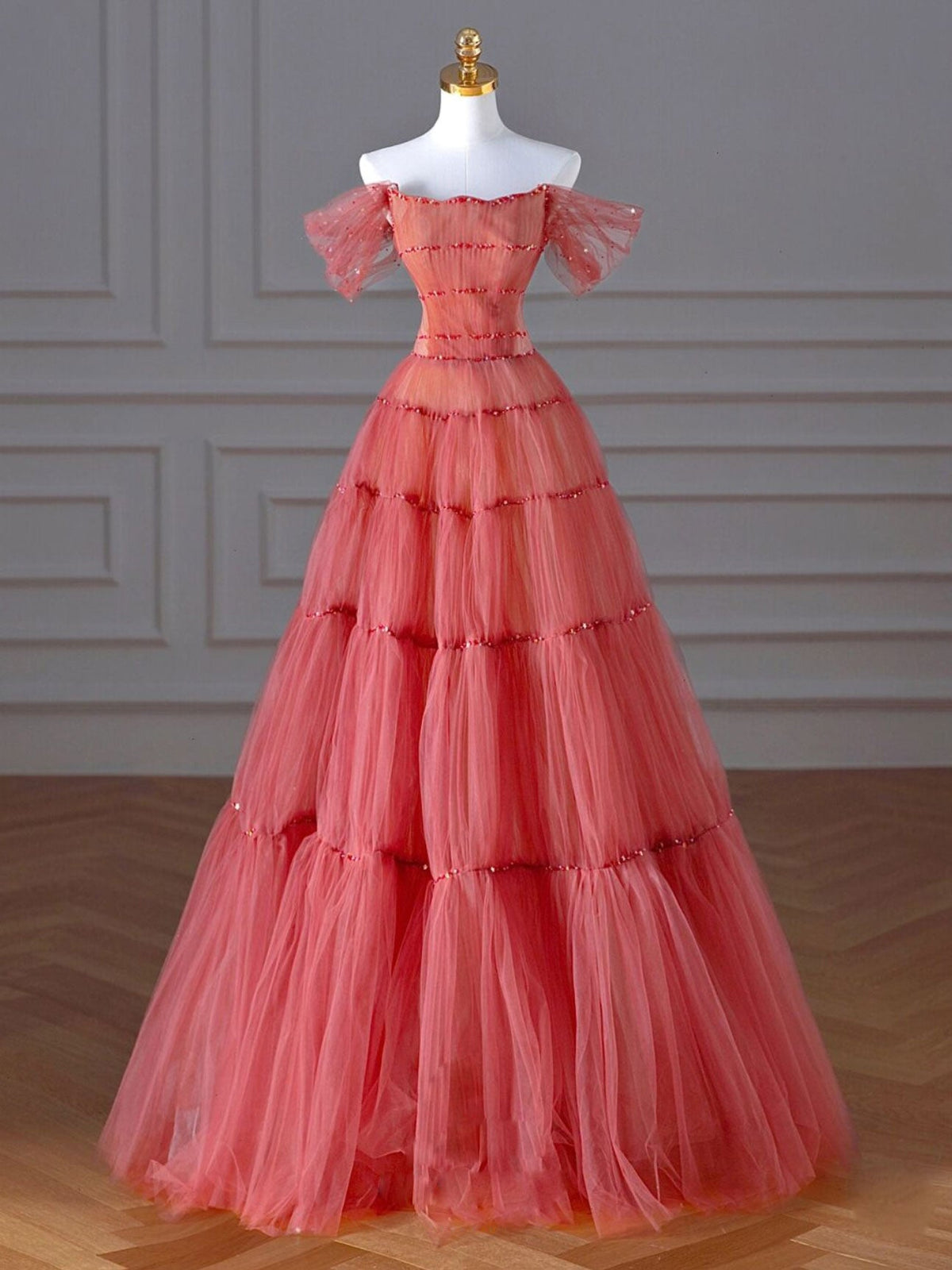 Aline Off Shoulder Long Prom Dresses, Red Formal Graduation Dress With Beading sequin