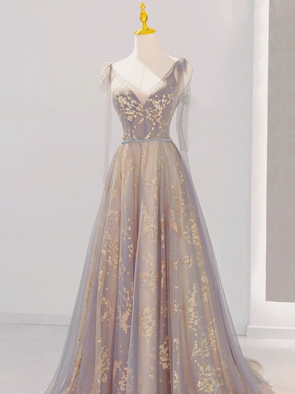 A-Line V Neck Tulle Long Prom Dresses, Tulle Formal Evening Dresses