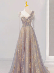 A-Line V Neck Tulle Long Prom Dresses, Tulle Formal Evening Dresses
