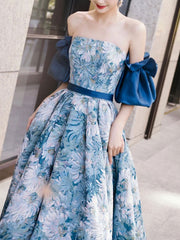 Blue A line satin long prom dress blue long evening dress