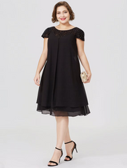 Mother of the Bride Dress Formal Little Black Dress Plus Size Knee Length Chiffon Lace Short Sleeve No with Pleats Beading Lace Insert