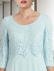 Two Piece Sheath / Column Mother of the Bride Dress Church Elegant Jewel Neck Knee Length Lace Stretch Chiffon Half Sleeve Jacket Dresses with Crystal Brooch