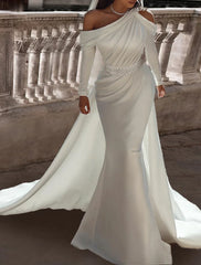 Two Piece One Shoulder Long Sleeve Floor Length Satin Bridal Gowns With Sash Wedding Dresses / Ribbon Beading