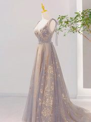 A-Line V Neck Tulle Long Prom Dresses, Tulle Formal Evening Dresses