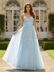 A-Line Sweetheart Corset Applique Tulle Dress Sky Blue