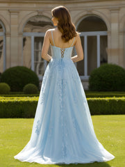 A-Line Sweetheart Corset Applique Tulle Dress Sky Blue