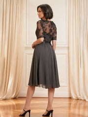 Boat Neck Knee Length Dress Formal Embroidered Bodice Steel Grey