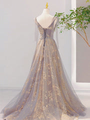 A-Line V Neck Tulle Long Prom Dresses, Tulle Formal Evening Dresses